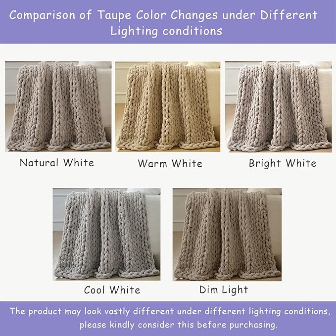 Bigacogo Chunky Knit Throw Blanket for Couch, 80x90 inches, 100% Hand Knitted with Thick Jumbo Chenille Yarn, Cozy Soft Large Rope Knot Cable Crochet Blankets for Sofa Bed Living Room, Taupe
