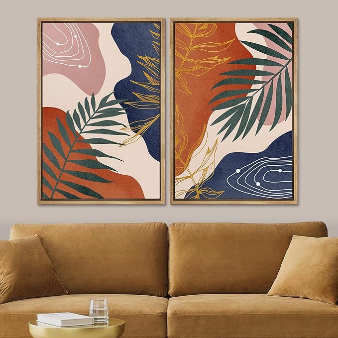 SIGNFORD Framed Canvas Print Wall Art Set Retro Mid-Century Geometric Forest Plants Abstract Shapes Illustrations Modern Art Decorative Bohemian for Living Room, Bedroom, Office - 24"x36"x2 Natural