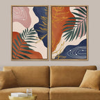 SIGNFORD Framed Canvas Print Wall Art Set Retro Mid-Century Geometric Forest Plants Abstract Shapes Illustrations Modern Art Decorative Bohemian for Living Room, Bedroom, Office - 24"x36"x2 Natural