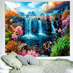 Delur Waterfall Tapestry Tropical Forest Mountain Sunset Tree Wall Hanging Tapestry Scenic Rainforest Landscape Nature Sunrise Headboard for Bedroom Living Room Home Decor (59.1" x 78.7")
