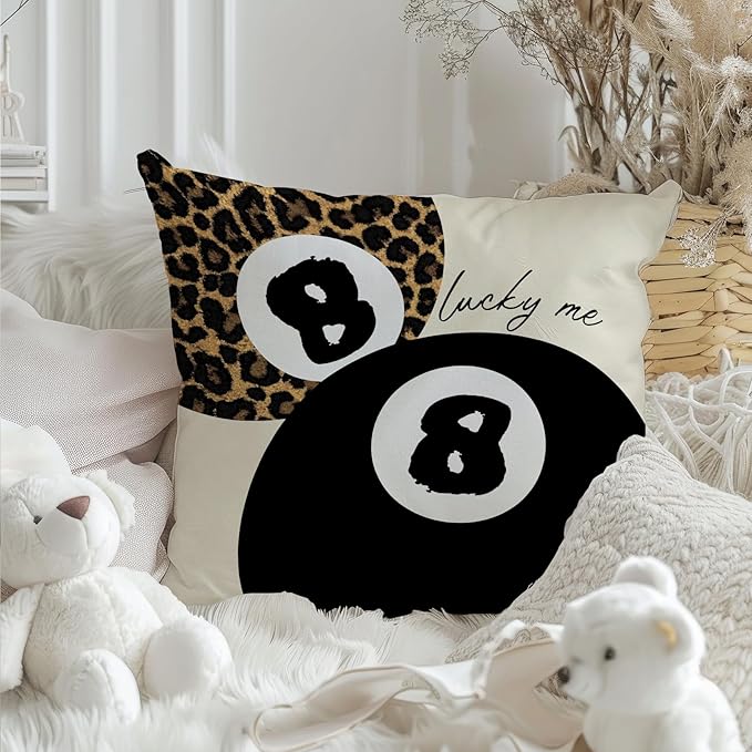 Leopard Star Lucky 8 Ball Throw Pillow Covers 18x18, Cheetah Print Room Decor, Trendy Funky Y2K Leopard Print Decorative Pillow Covers for Girls Room Dorm Apartment Home