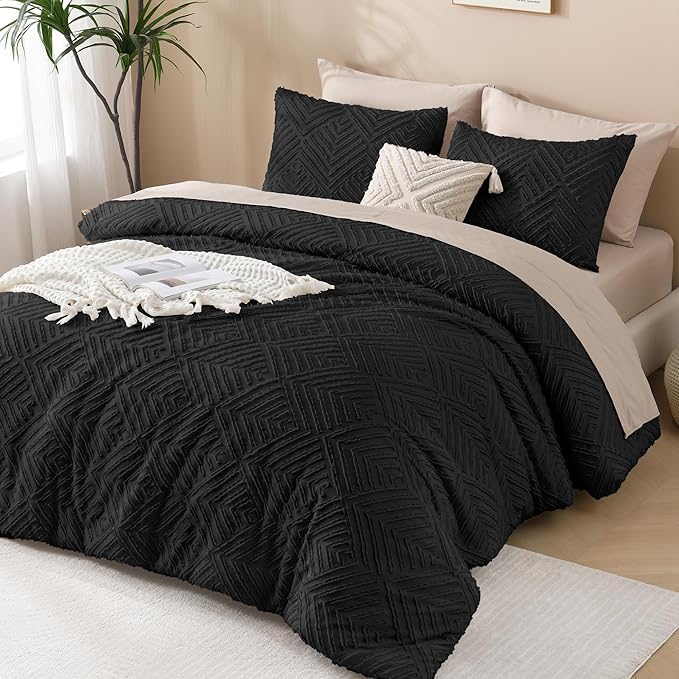 Andency Black Comforter King Set, 3 Pieces Boho Bedding Set & Collections, Farmhouse Tufted Fluffy Bedding Comforter Sets for King Bed (1 Comforter 104x90In, 2 Pillowcases)