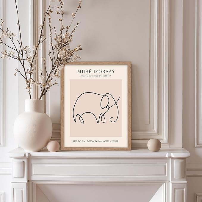 Poster Master Vintage Poster - Retro One Line Elephant Drawing Print - Elephant Art - Minimal Gift for Men, Women, Animal Lover - Abstract Wall Decor for Home, Office, 8x10 Beige Framed