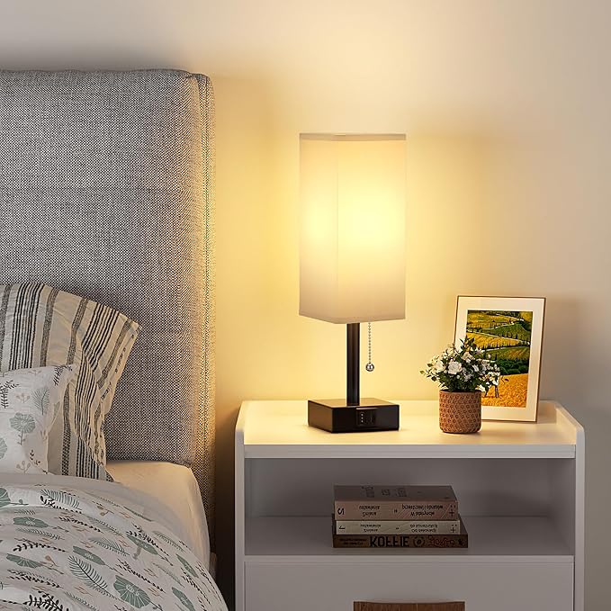 Gray Small Bedroom Lamp - 3 Color Temperature 3000K 5000K 4000K Bedside Lamp, Pull Chain Control, USB A and C Charging Ports, Black Base, for Kids Office Dorm, Bulb Included