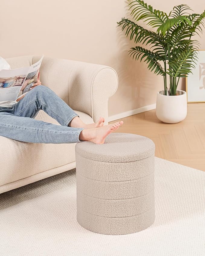 B FSOBEIIALEO Ottoman with Stroage, Round Sherpa Storage Ottoman Stool, Boucle Foot Rest 16.9"x16.9"x17.7"（Beige