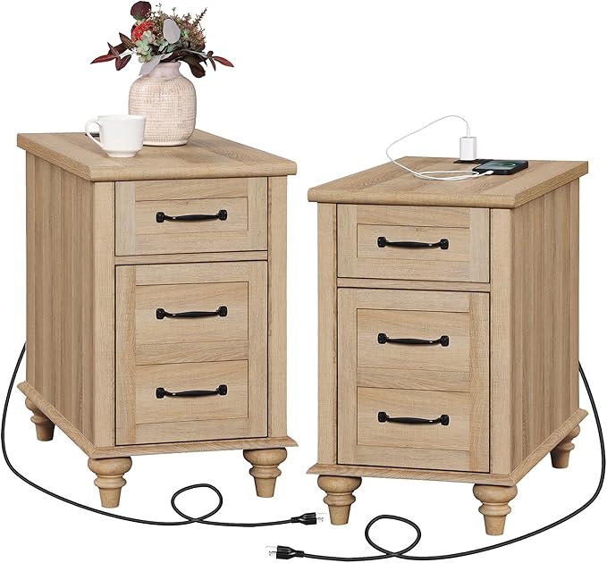 WAMPAT Set of 2 End Tables with Charging Station, Wooden Side Table with Drawer & Storage Cabinet, Farmhouse Nightstands with Power outlets USB Ports for Living Room & Bedroom, Oak