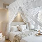AIKASY 4 Corners Post Ruffle Princess Bed Canopy Curtain - Double Layer Cozy Drape Netting with 4 Openings - Elegant Mosquito Net for Girls and Adults Bedroom Decoration (White, King)