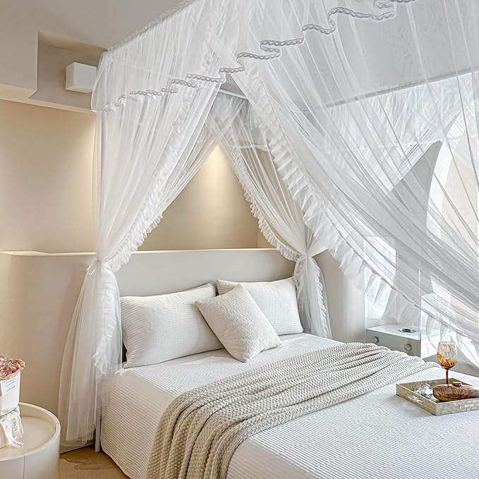 AIKASY 4 Corners Post Ruffle Princess Bed Canopy Curtain - Double Layer Cozy Drape Netting with 4 Openings - Elegant Mosquito Net for Girls and Adults Bedroom Decoration (White, Twin)