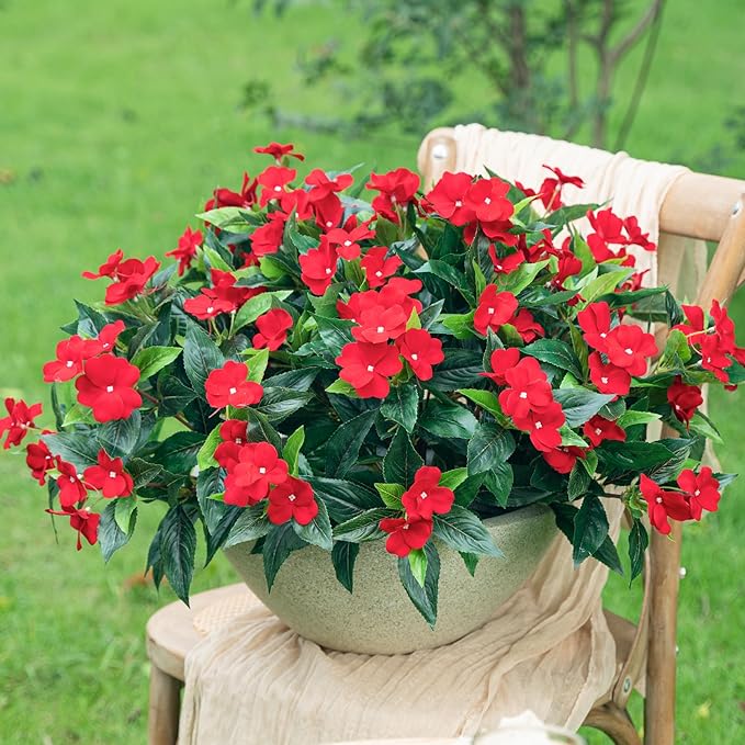 Uqueeten15.7” Fall Decorations for Home Fake Fall Flowers Fake Plants Artificial Impatiens Bouquet Flowers for Outdoors Silk Faux Flowers Impatiens Plants Decor Indoor Planters 8PCS (Red)