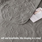 Exclusivo Mezcla Quilts King Size Bedspread with 2 Pillow Shams, Lightweight Grey King Quilt Bedding Set with Vintage Damask Pattern, Soft Bedspreads Coverlets for All Seasons