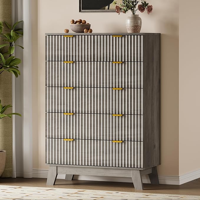 46" Tall Dresser for Bedroom, 6-Drawer Fluted Chest of Drawers, Modern Wood Highboy with Deep Storage, Metal Slides and Handles, Anti-Tip Kit, Vertical Clothes Organizer for Apartment, Nursery