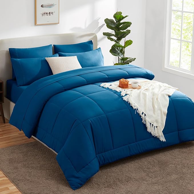 CozyLux Queen Comforter Set Teal, 7 Pieces Bed in a Bag, Teal Comforter Queen Size, All Season Bedding Sets with Stitch Quilted Comforter, Flat Sheet, Fitted Sheet, Pillowcases