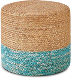 Wimarsbon 18'' Ottoman Pouf, Natural Braided Poof, Rustic Handweave Lounge Pouffe, Boho Footrest Stool for Bedroom, Accent Table for Living Room (Natural Water Hyacinth + Lake Blue Corn Husk)