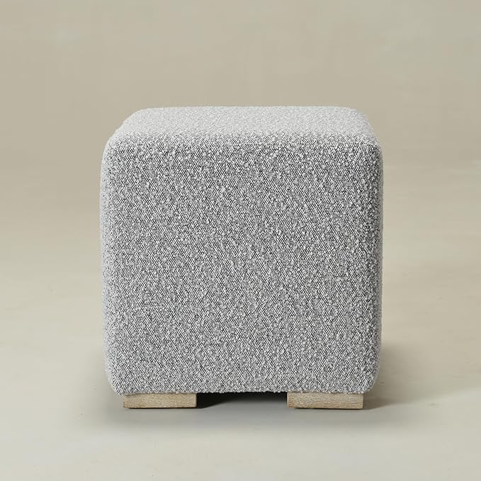 KINWELL 18.5" Wide Modern Square Boucle Upholstered Ottoman with Solid Wood Legs, Cube Ottoman Multi-Functional Sofa Footrest, Extra Seating for Living Room, Bedroom, Fully Assembled (Black and White)