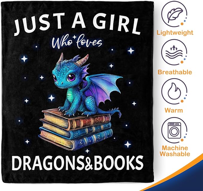 Dragon Book Blanket Gifts for Girl - Just A Girl Who Loves Books Themed Animal Lovers Throw for Woman Kids Adults Soft Fleece Cozy Bed Couch Decor Birthday Christmas Lightweight Blanket 50"x60"