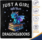 Dragon Book Blanket Gifts for Girl - Just A Girl Who Loves Books Themed Animal Lovers Throw for Woman Kids Adults Soft Fleece Cozy Bed Couch Decor Birthday Christmas Lightweight Blanket 50"x60"