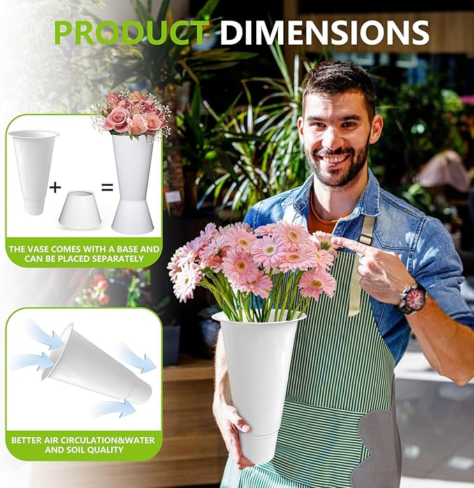 12 Pack Plastic Flower Bucket, 15.5 Inch White Flower Buckets for Cut Flowers with Base, Multi-Purpose Plastic Vase for Flower Display Stand Florist Supplies, Home Wedding Decoration