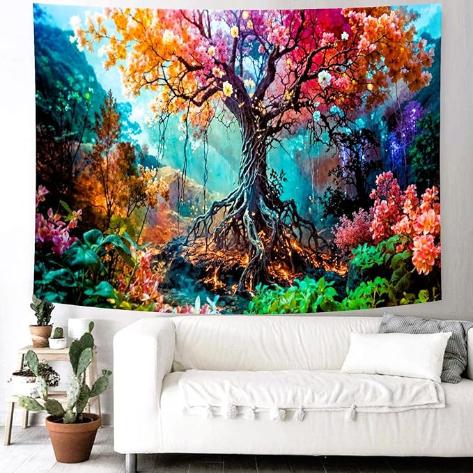 Delur Forest Tapestry Tree of Life Fantasy Tropical Rainforest Tapestry Wall Hanging Colorful Nature Mystical Landscape Psychedelic Spiritual Headboard for Bedroom Living Room Home Decor (59.1" x 78.7")