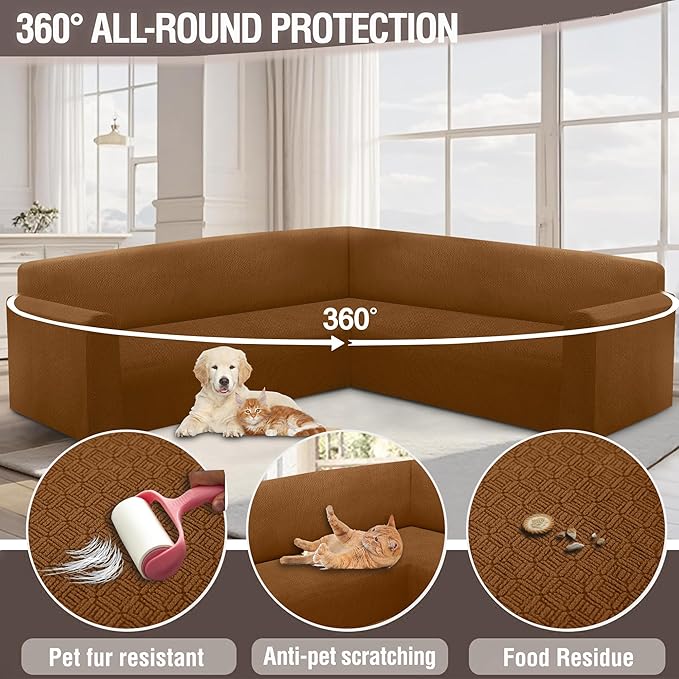 HDCAXKJ Sectional Couch Cover L Shape Stretch Sofa Covers Washable Jacquard Corner Couch Slipcover Non Slip Sectional Slip Cover U Shaped Furniture Protector for Pets Dogs (Caramel, Large)