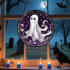 Stained Glass Window Hanging - Halloween Decorations White Ghost Purple Stars Suncatcher for Doors Garden Spooky Funny Sun Catchers Gothic Decor Horror Gifts for Women Men Friend 15 in