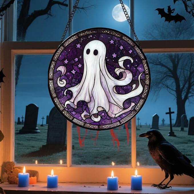 Stained Glass Window Hanging - Halloween Decorations White Ghost Purple Stars Suncatcher for Doors Garden Spooky Funny Sun Catchers Gothic Decor Horror Gifts for Women Men Friend 11.8 in