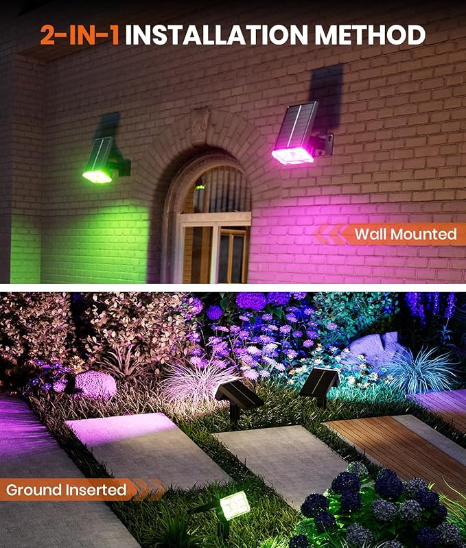 Solar Spot Lights Outdoor 2-Pack Multicolor IP65 Waterproof RGB - 6 Colors, 2 Modes, 105° Adjustable 58 LED Flood Lights, Solar Powered Spotlights for Yard, Garden, House & Landscape Lighting Outside