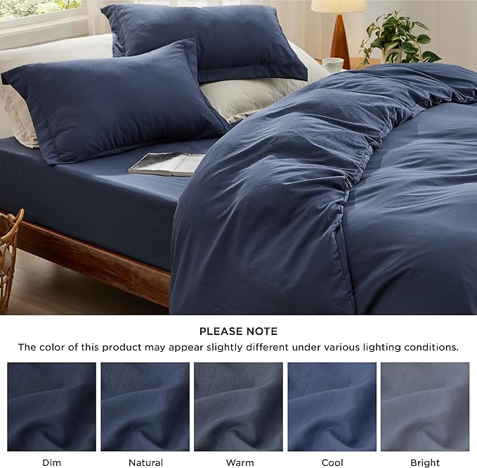 Bedsure Duvet Cover King Size with Fitted Sheet - 4 Pieces Prewashed Cotton-Like Extra Soft Bedding Set, Includes 1 Duvet Cover 104x90 Inches with Zipper Closure, 2 Pillow Shams, 1 Fitted Sheet, Navy