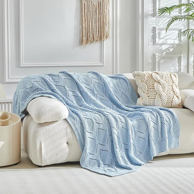 Longhui bedding Chunky Cotton Knit Throw Blanket for Couch, Sofa, Bed, or Chair, Decorative Breathable Fall Cable Knit Blanket 51 x 63 Inches, Light Blue