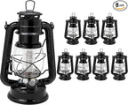 YAKii LED Vintage Lantern Metal Hanging Hurricane Lantern 12 LED Dimmer Switch Cold White Battery Operated Power Outage Indoor Camping Lighting Outdoor Brooklyn Decoration (Black Pack of 8)