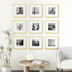 Vittanly 12x12 Picture Frames Set of 9, Shatter Resistant Plexiglass, Display 8x8 Pictures with Mat or 12x12 without Mat, Photo Frames for Wall Mount, Engineered Wood, Gold