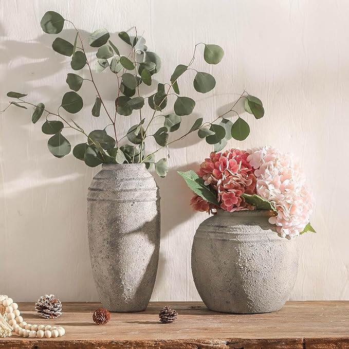 Large Ceramic Flower Vase, 8.66 inch Tall Round Rustic Farmhouse Vase for Home Decor, Wide Mouth, Living Room Shelf Decor, Enterway, Table
