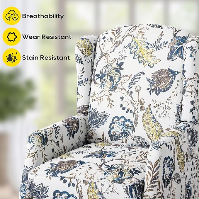 Wingback Recliner Chair, Traditional Push Back Recliner Chair with Padded Seat, Upholstered Wingback Chair, Mid Century Modern Floral Recliner for Living Room(2, Blue Floral)