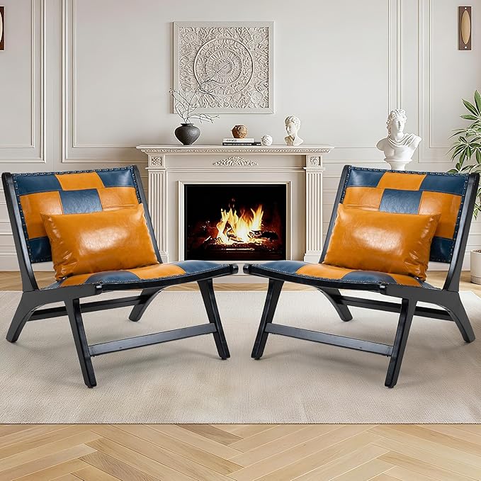 Accent Chair, Modern Comfy Genuine Leather Armless Mid-Century Anthropologie Accent Chairs, Lounge Arm Chair with Solid Wood, Floral Pattern Sofa Chair for Living Room/Office/Balcony/Bedroom