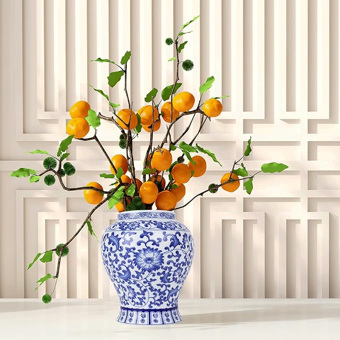 Chinoiserie Ginger Jar,7.6 Inch Ceramic Bule and White Ginger Jar w/Lid,Porcelain Ginger Jars Vase for Home,Living Room,Coffee Table,Mantle Fireplace (Bule&White)