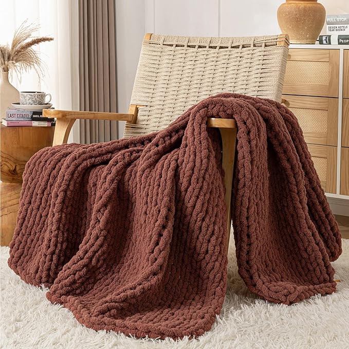 Chunky Knit Blanket Throw, 100% Hand Knit Throw Blanket Handmade Chenille Cable Knit Throw for Couch, Stylish Cozy Soft Rope Knot Crochet Blanket for Home Decor, Copper Brown, 60x80 Inches