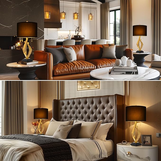 Sculptural Table Lamp Set of 2 with USB Ports For Living Room, Gold Leaf Finish Farmhouse Bedside Lamps with S Cluster Pull Chains Switch for Bedroom, Rustic Nightstand Lamp for Office, Hotel, Bar