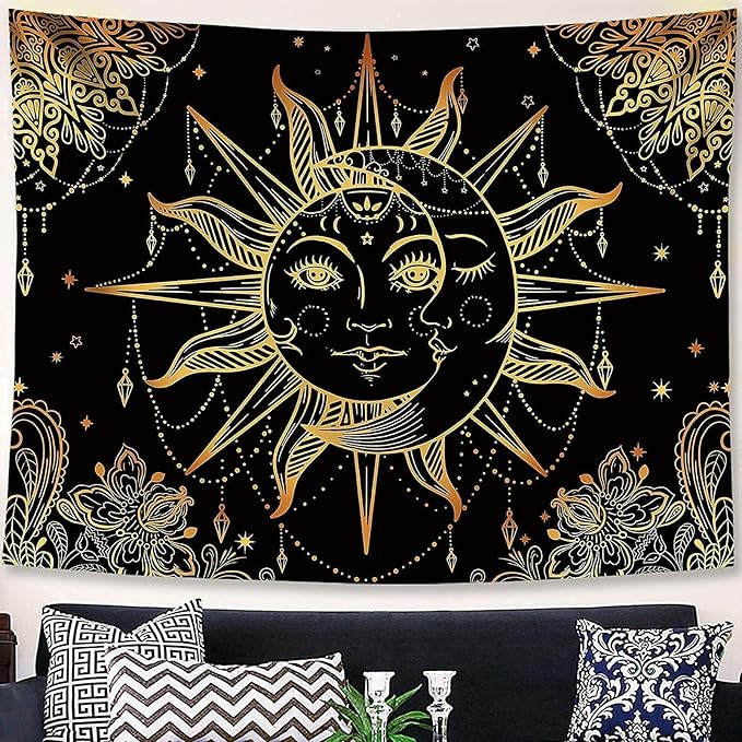 Lunerfex Hippie Sun and Moon Tapestry Bohemian Tapestry Aesthetic Cute Tapestries for Bedroom and Living Room Decor Sun 50×60 Inches