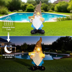 Solar Garden Gnomes Decor Outdoor Statue - Gnome Welcome Sign with LED Waterproof Sculptures Lights, Gnome Pond/Yard Statues Outside Decoration, Home, Lawn, Patio, Resin Ornament, Gardening Gift