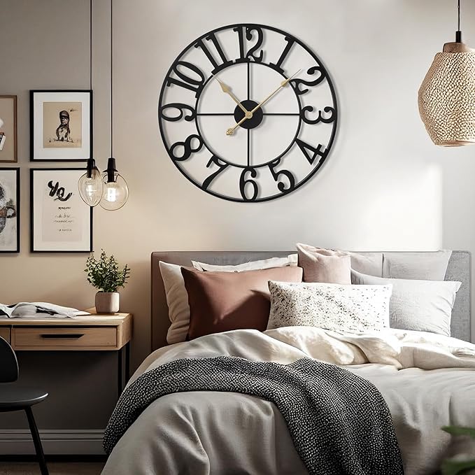LEIKE Large Wall Clock, 18.5" Silent Non-Ticking, Battery Operated, Oversized, Decorative Retro Black Metal Clock for Living Room,Farmhouse, Dinner Room,Indoor, Outdoor(47cm, Black Arabic Number)