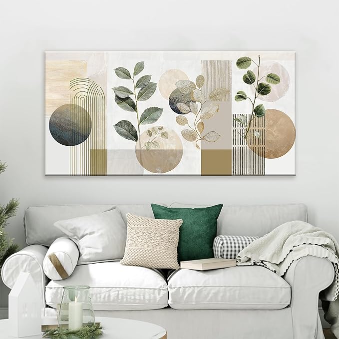 Boho Green Wall Art Mid Century Canvas Wall Art Decor Set Bohemian Abstract Wall Decor Modern Geometric Wall Painting Neutral Botanical Art Print Picture Living Room Bedroom Office Artwork 24"X 48"