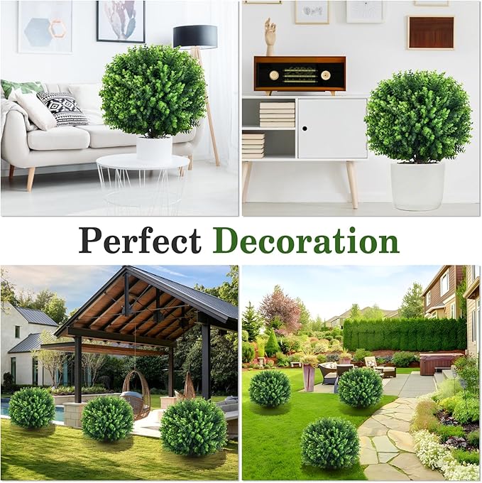 Artificial Topiary Tree with Eucalyptus, Set of 2 UV Resistant 17in Miniature Trees, Outdoor for Porch, Fake Bonsai Topiaries, Greenery Balls, Faux Shrubs for Planters, Curb Appeal Decor