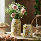 Levvohd Vintage Ceramic Vase, 10.6 Inch Chinoiserie Sunflower Yellow Floral Vases, Retro Ice Cracked Rustic Antique Flower Vases for Modern Room Bathroom Shelf Home Decor (Large Cylinder)