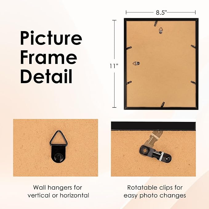 FIXSMITH 8.5x11 Picture Frame Set of 6, Black Photo Frame with HD Plexiglass, Display Pictures 5x7 with Mat or 8.5x11 Without Mat, Multi Picture Frames Collage for Wall Decor