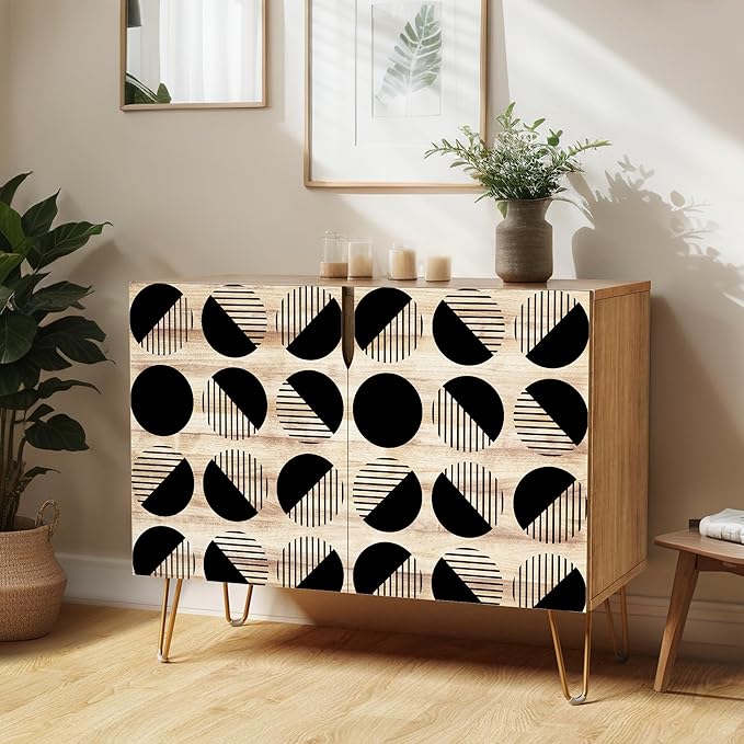 SIGNWIN Sideboard Buffet Cabinet, Kitchen Storage Cabinet with 2 Doors, Geometric Circle Duotone Patterns, Cupboard Console Table for Dining Room - 35" L x 18" W x 29" H