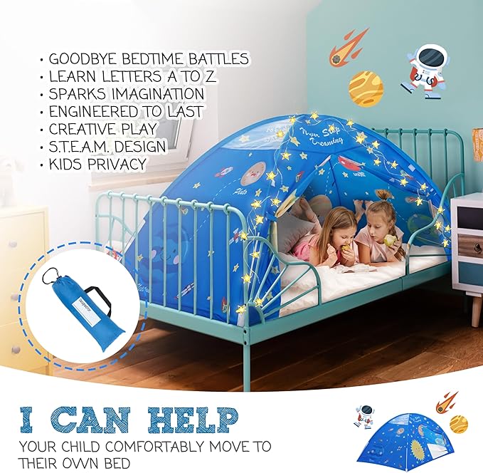 Outer Space Full Bed Tent for Kids Indoor Fort - Magical Dream Tents for Boys Pop Up Toddler Bed Canopy for Girls Bunk Bed Tent for Top Bunk - Sensory Sleep Pod for Kids Educational