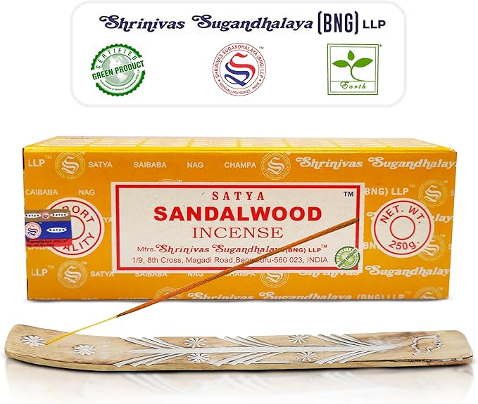 Satya Sandalwood Incense Sticks 250 gm Pack, Nagchampa Scent, Includes Raajsee Incense Holder