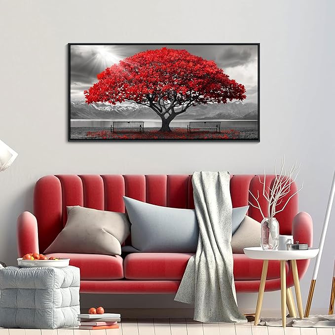 AJAZIKO Red Wall Art - Modern Framed Wall Art for Living Room - Red Tree Black and White Landscape Canvas Prints Posters & Prints for Home Office Bedroom Decorations - Large Wall Pictures 20×40IN