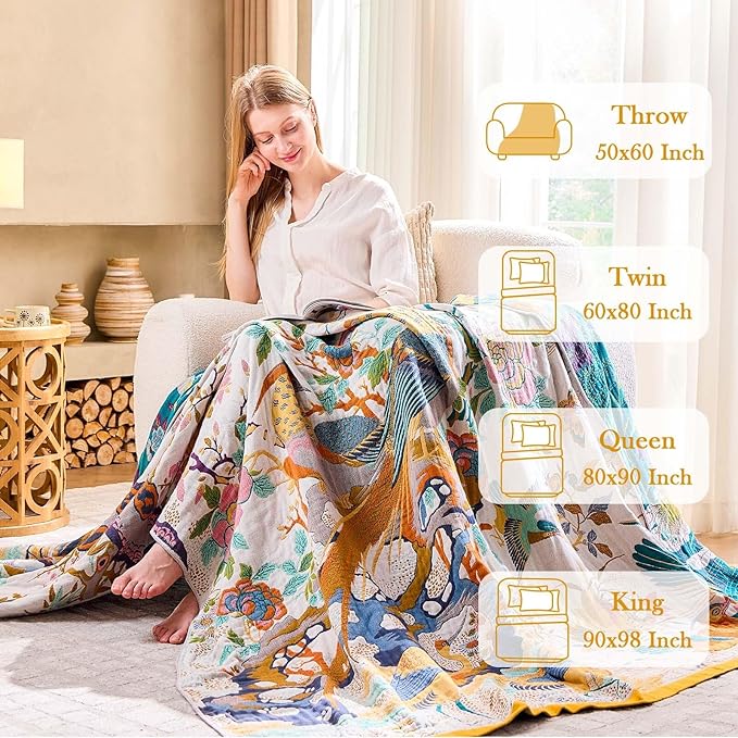 Fall Throw Blanket for Couch, Yellow Boho Decorative Throw Blanket, 100% Cotton Muslin Breathable Woven Farmhouse Blankets Quilt, 80"x90" Reversible Lightweight Blankets Bohemian Throw Quilt