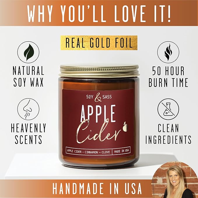 Apple Cider Candle, Fall Candles I Apple Cider, Cinnamon & Nutmeg - Infused with Essential Oils I Mulled Cider Fall Scented Candle (Soy) for Home I 9oz Reusable Jar I 50Hr Burn I Made in USA