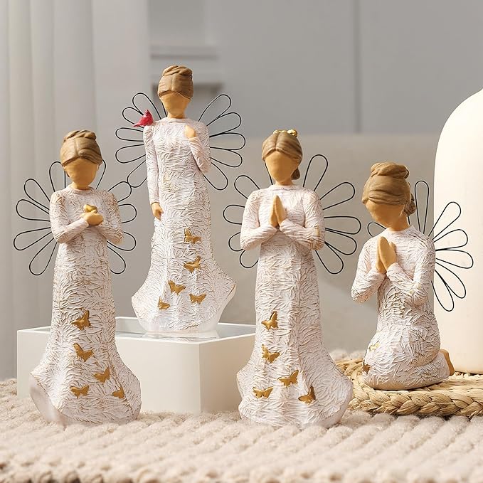 4 Piece Set Sympathy Angel Figurines for Loss of Loved Ones Angel Statues Home Decor Serenity Prayer Grieving Remembrance Bereavement Gifts for Women Resin Sculpted Hand-Painted Figure Prayer Hands